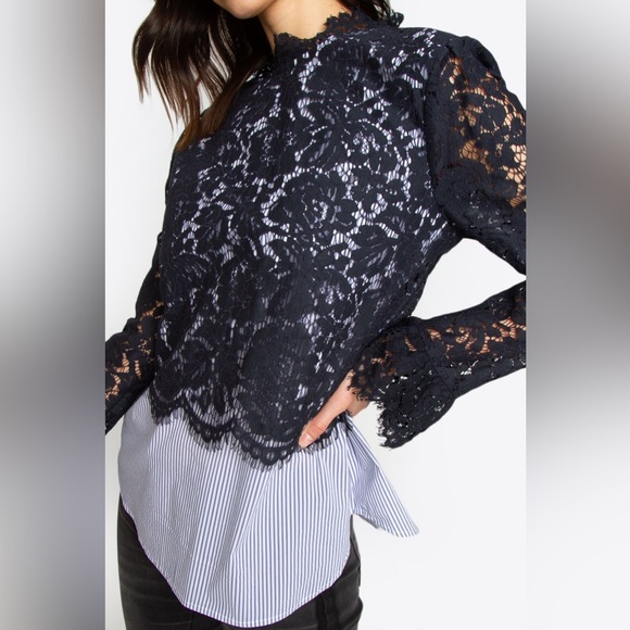 Sugar + Lips Pinstripe and Lace Blouse Size Large - Picture 1 of 13